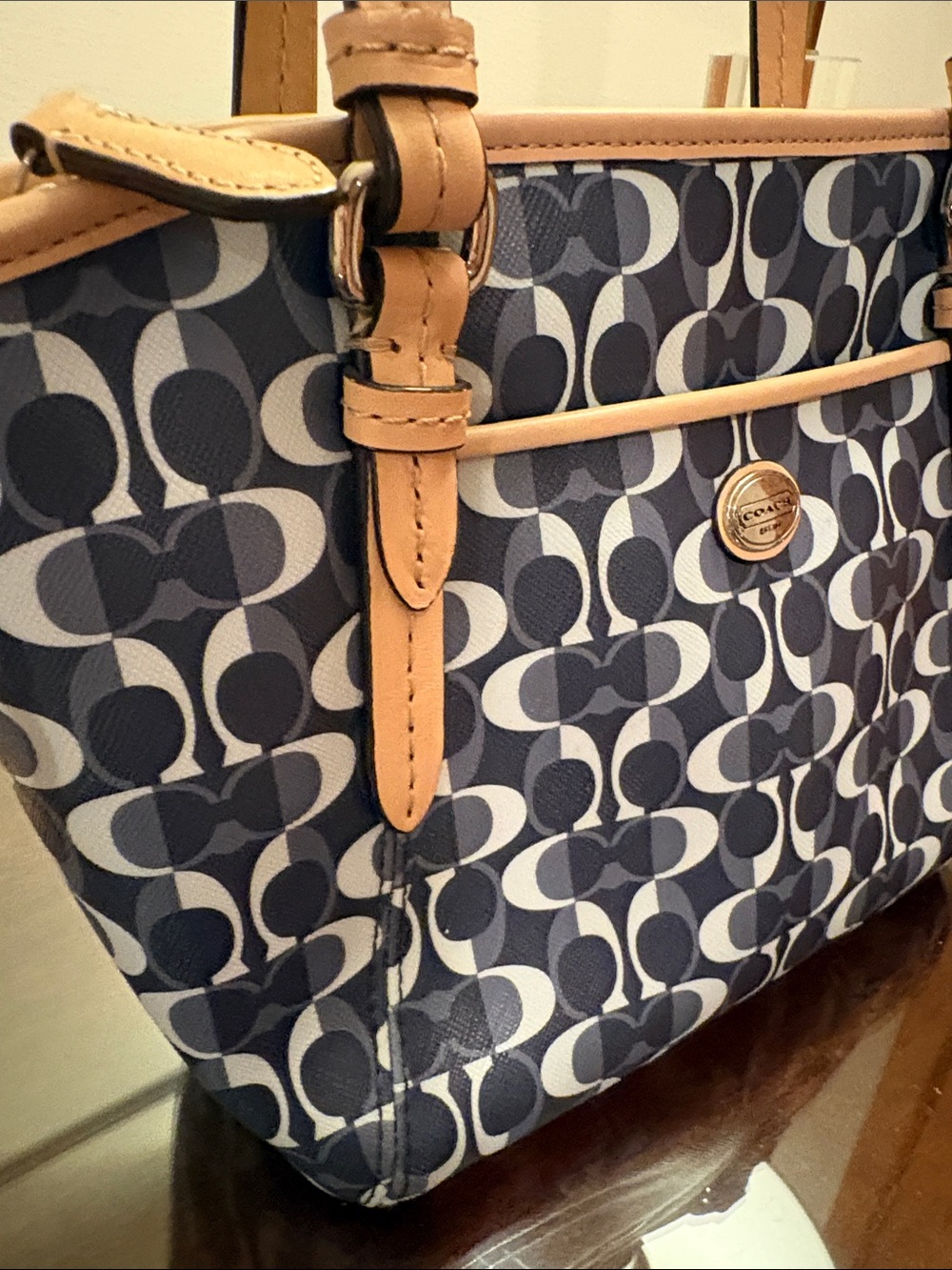 Coach Navy and Black Signature Small Tote with Tan Leather Trim - Picture 9 of 16